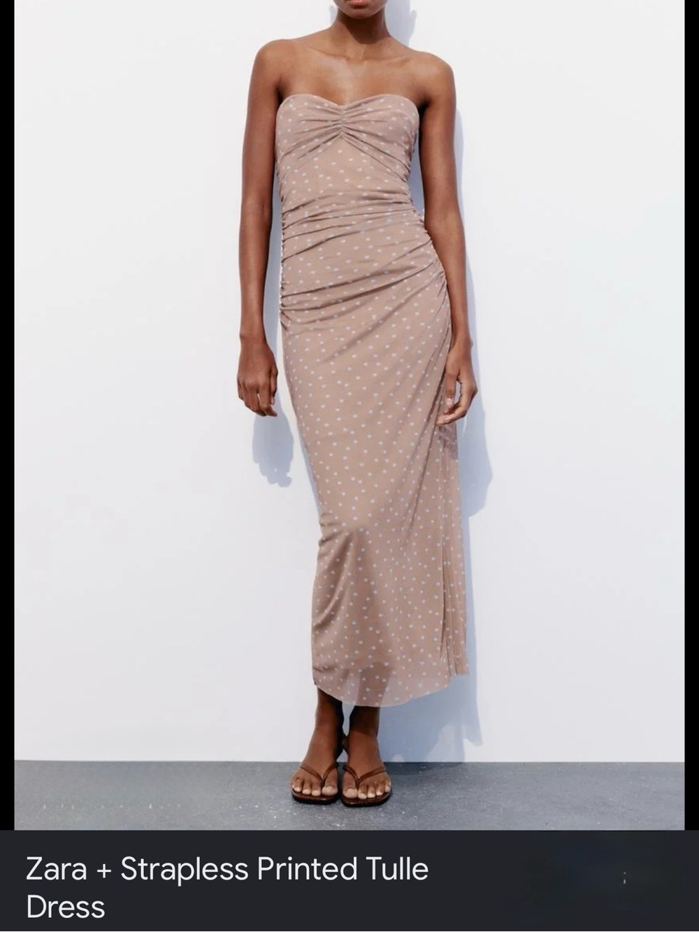 Zara Strapless Taupe Polka-Dot Maxi Dress